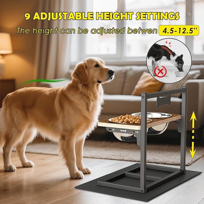 ADENGL Elevated Dog Bowls with Slow Feeder - 9 Heights Adjustable Raised Dog Bowl Stand with Two 1.7L Stainless Steel Dog Food Bowls & Slow Feeder and a Nonslip Pad, Perfect for Medium Large Breed