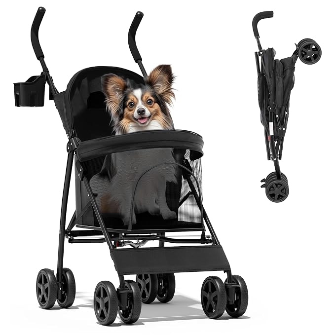 Magshion Compact Fold Pet Travel Stroller for Small Dogs Cats, Black | Up to 22lbs, 4-Wheel Lightweight Umbrella Shaped Design, Safety Tethers, Breathable Mesh, Cup Holder & Rear Storage