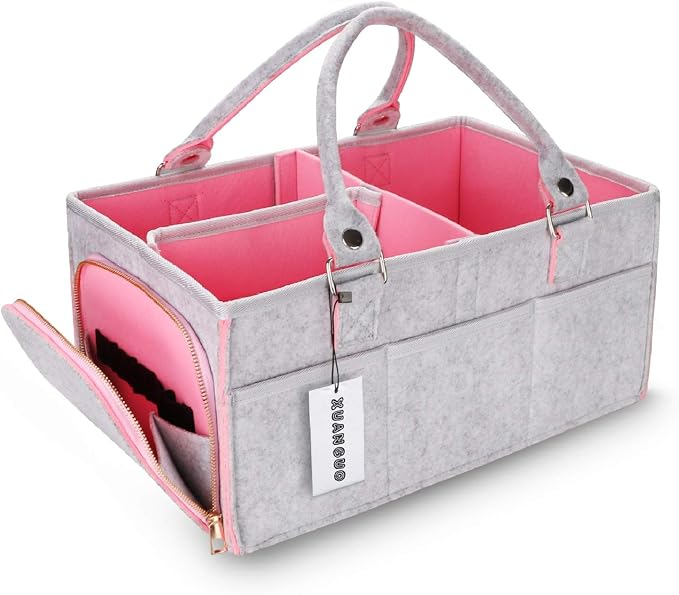 XUANGUO Large Felt Baby Diaper Caddy Organizer with Handles for Girls, Pink | Nursery storage bin and basket; portable tote bag for changing table or car, baby shower gifts and newborn essentials.