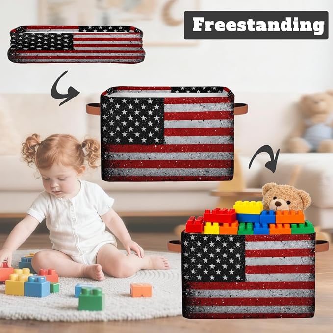 Pardick Storage Baskets Bin, Vintage American Flag Collapsible Canvas Fabric Storage Bin Decorative Baskets Toy Organizer Rectangle Storage Boxes with handles for Home Shelves Nursery,1Pack,C-03