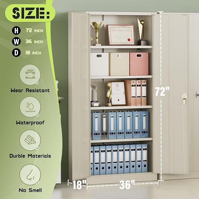 Crownland 72" Metal Storage Cabinet, Lockable Garage Storage Cabinets, High Office Cabinet with Adjustable Shelves for Garage, Home Office, Pantry, File, Warm Gray