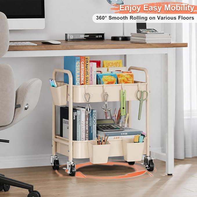 2 Tier Small Rolling Cart Metal with Wheels, Beige Under Desk/Table Storage Carts on Wheels, Short Utility Roller Caddy Organizer for Art, Craft, Pantry, Bathroom, Two Tiered Shelf Trolley, 22In Tall