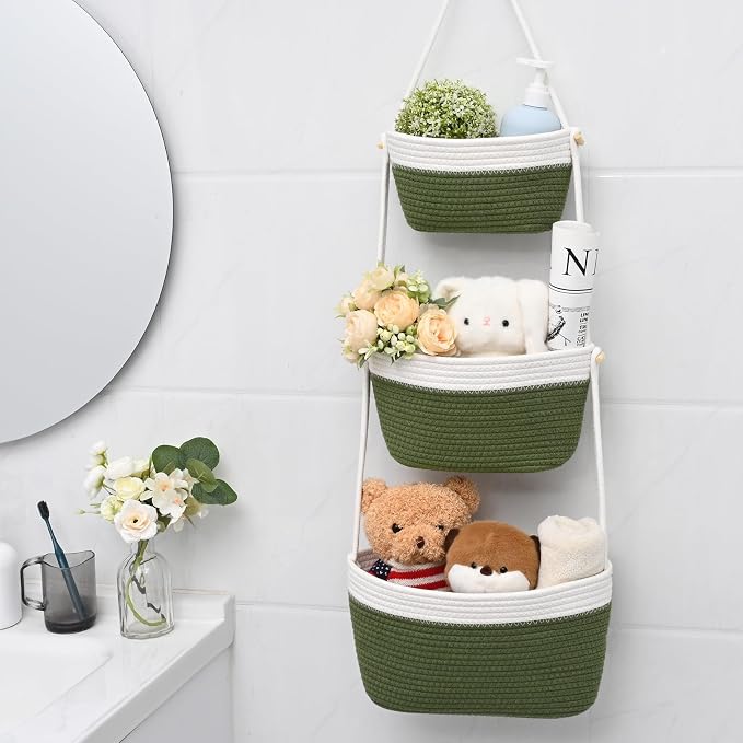 Hanging Basket, 3-Tier Woven Wall Basket with 4 Hooks, Cotton Rope Storage Baskets, Over the Door Organizer for Nursery, Bedroom, Cottage and Boho Wall Decor