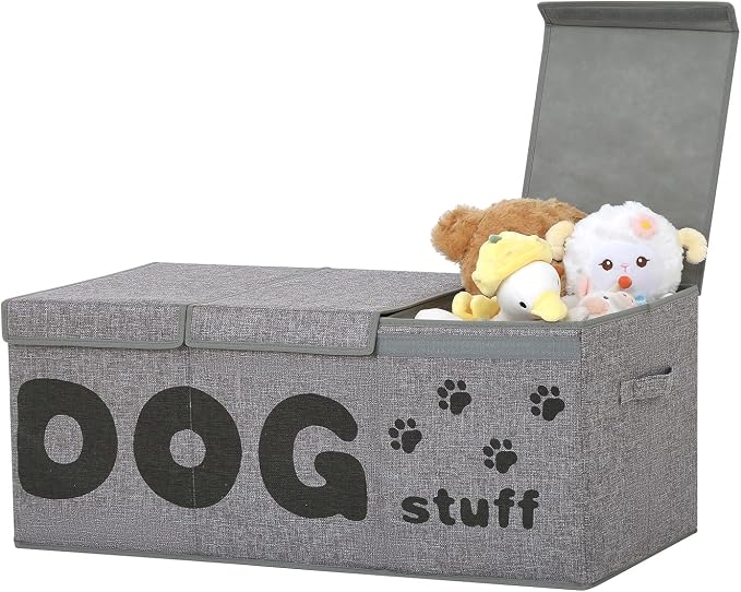 Qozary Dog Toy Storage Box - 3 Grids Large Dog Toy Basket and Storage Bin With Lid for Pet Supplies, Perfect To Keep Everything Organized