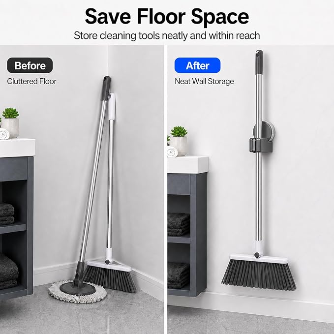 Suction Cup Mop and Broom Holder Wall Mount, Single Slot, Gray | No Drill, Rotating Mop Gripper and Broom Hanger, For Bathroom, Kitchen, Laundry Room
