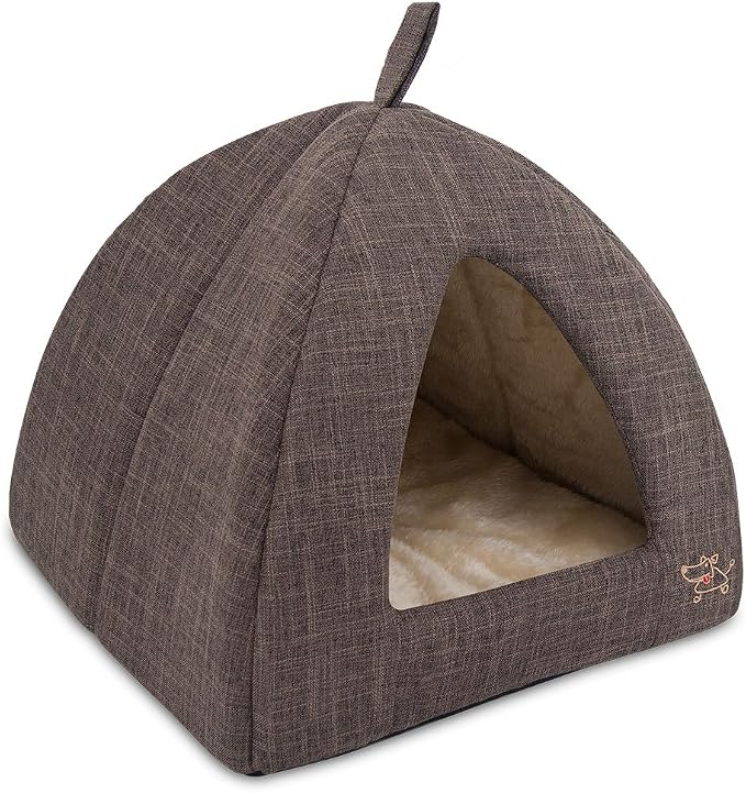 Best Pet Supplies Cat Bed for Indoor Cat, Domed Tent House with Removable Pillow, Covered Cat Cave for Small Dog, Puppies and All Breeds of Cats - Brown Linen, 19 x 19 x H:19"