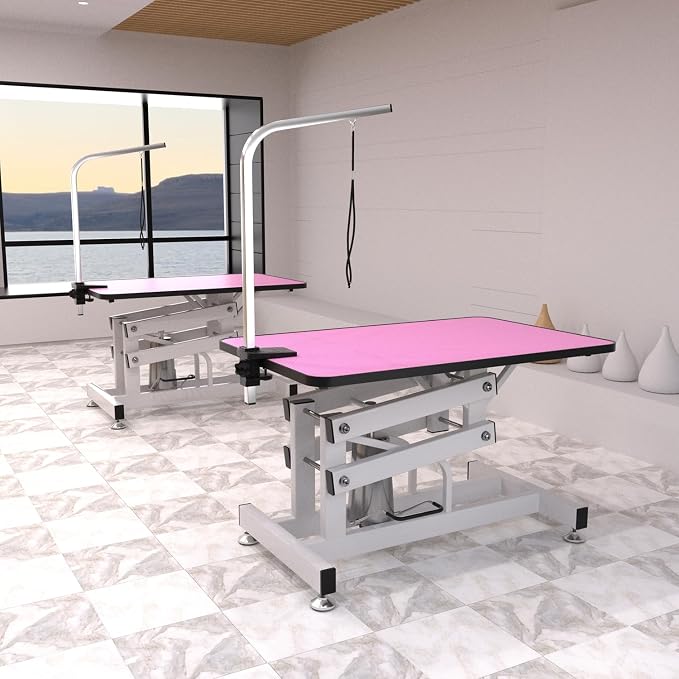 Hydraulic Dog Pet Grooming Table, 42 Inch Heavy Duty Professional Pet Grooming Station 21'' -36'' Height Adjustable for Small Medium Large Dog at Home with Clamps and Grooming Noose, Pink