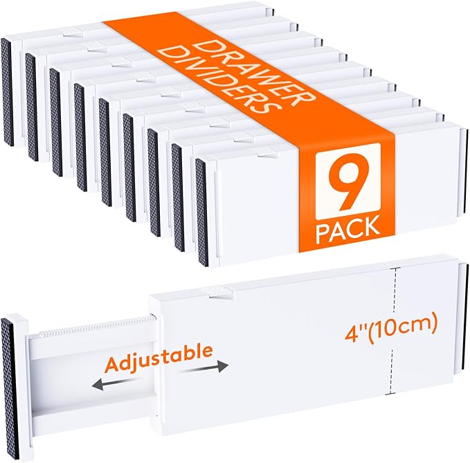 Lifewit 4" High Upgrade Drawer Divider, Adjustable Drawer Organizer Clothes | 9 Pack 11"-17" Expandable White Plastic Drawer Separator for Dresser, Kitchen, Closet, Nursery, Office Organization & Storage