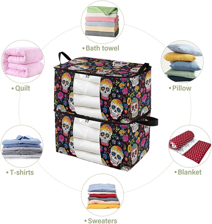 Day Of The Dead Skull Flower Clothes Storage Bag Bins 2 Pack Foldable Storage Containers Large Closet Organizer with Zipper Under Bed Storage for Bed Sheets Comforters Clothing 60L