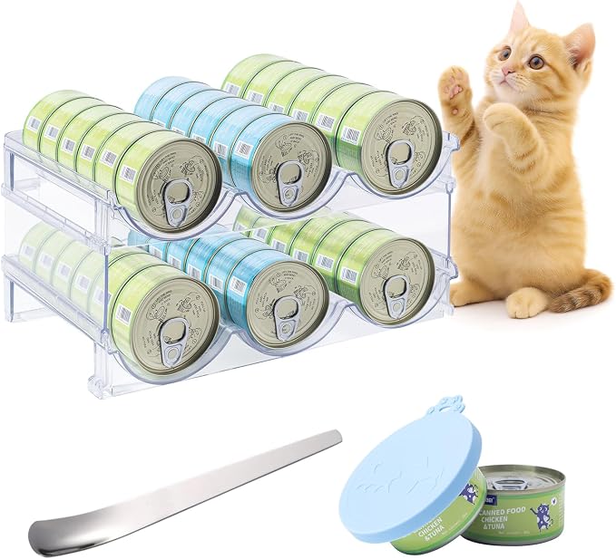 Cat Can Storage Organizer for Pantry, High Clear Acrylic Dog Canned Food Storage Rack 2 Tier Stackable Shelf for Pet Cans Dispenser with Can Cover Lid and Spoon