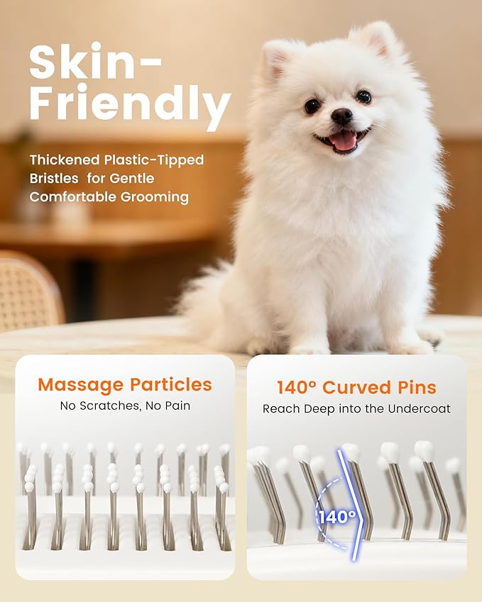 Vacuum Dog Brush for Shedding, 4-in-1 Self-Cleaning Slicker & Undercoat Rake, Deshedding Grooming Tool, Anti-Static, Massage & Combing All In One! (White)