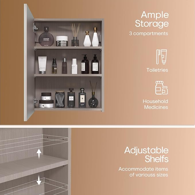 26x20 inch Bathroom Wall Cabinet, Saver Storage Cabinet, Medicine Cabinet with 1 Door and Adjustable Shelves, Grey（Assembly Required）