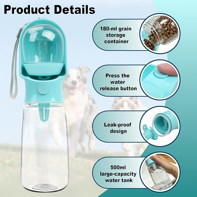 Blue Large Portable Dog Water Bottle with Food Container | Travel Dog Water Bowl(500ml),Food Container(180ml),Leak-Proof,2-in-1 Pet Essential Outdoor Supplies for Walks Hikes Campsites