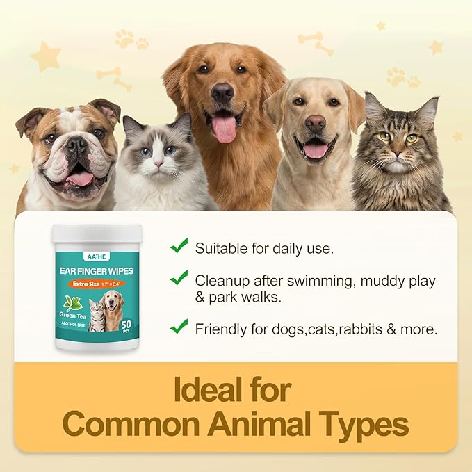 Extra Large Dog Ear Finger Wipes,Gently Remove Ear Wax & Dirt,Relieve Ear Itching. All Natural Ingredients Dog Ear Wipes.Safe & Gentle Ear Wipes for Dog & Cat - 50 Count Green
