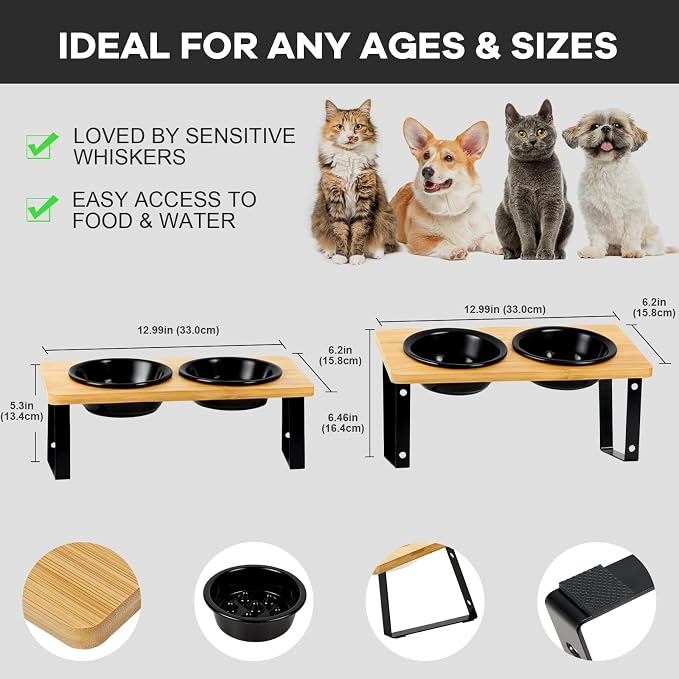 LEAWALK Upgraded Adjustable Height Cat Food Bowls Stand Ceramic Dog Bowls and Slow Feeder Cat Bowl, 15°Tilted Stand Anti Vomiting Raised for Small and Medium Sized Cats Dogs (Black)