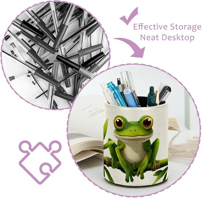 Faux Leather Pen Holder for Desk, Pencil Organizer Frog Pen Cup Desk Decor Makeup Brush Holder Storage for Office Home