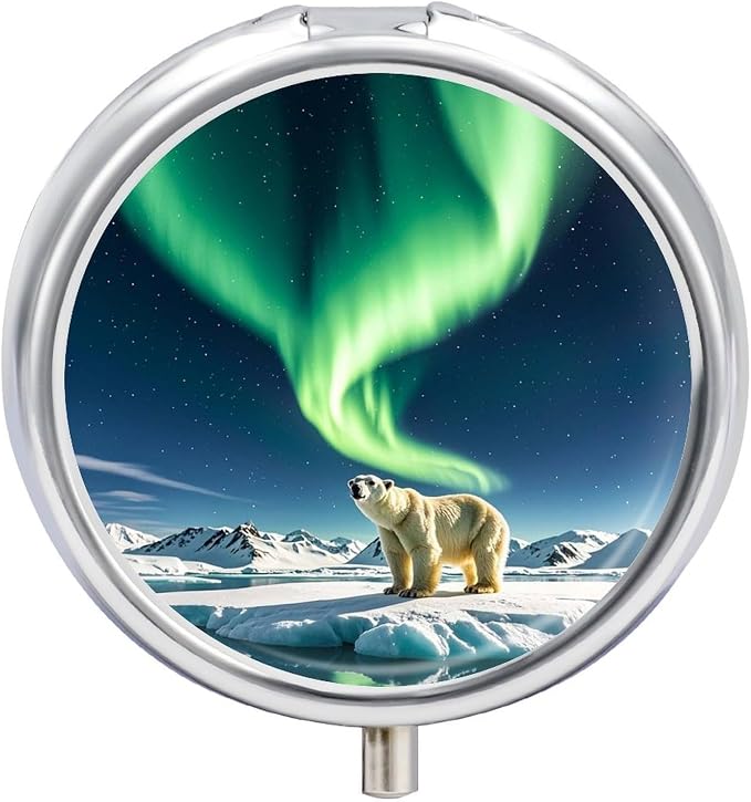 3 Compartment Medicine Pill Case, Northern Lights Polar Bear Round Pill Box, Portable Decorative Medicine Organizer for Pocket Or Purse Vitamin Organize