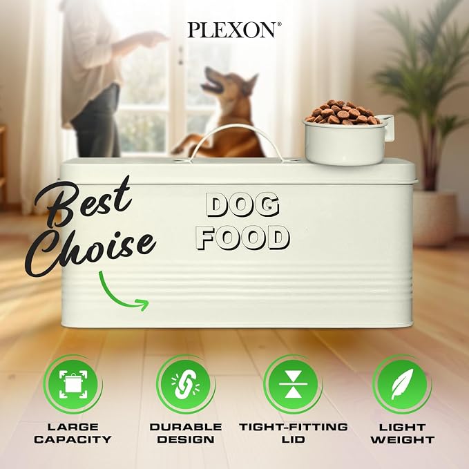 Plexon Metal Dog Food Storage Container with Scoop - Small Dog Food Container 10lbs Holder Treat Jar Bin with Lid - Pet Chow Storage Canister Tin, 2 Gallon, Off-White