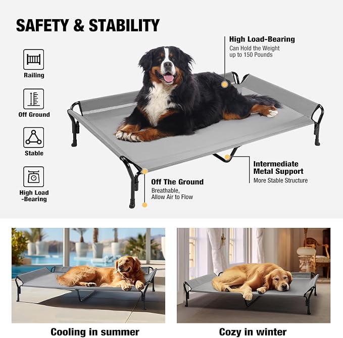 Veehoo Cooling Elevated Dog Bed, Raised Dog Cot with Guardrail & Headrest | Washable Dog Couch Bed for Indoor & Outdoor, Durable Breathable Teslin Mesh, Non-Slip Feet, XX Large, 63" x 37", Grey
