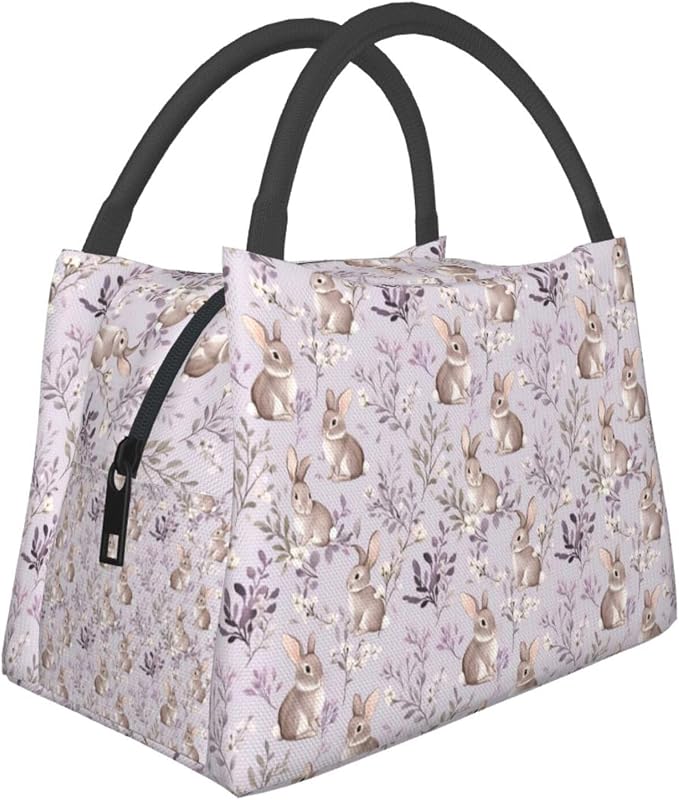 Cute Bunny Insulated Lunch Box for Girls Women,Reusable Tote Bag with Adorable Rabbit and Lavender Floral,Portable Lunchbox Handbag,Makeup Bags Organizer Gifts for Work Travel,11x6.3x6.7in