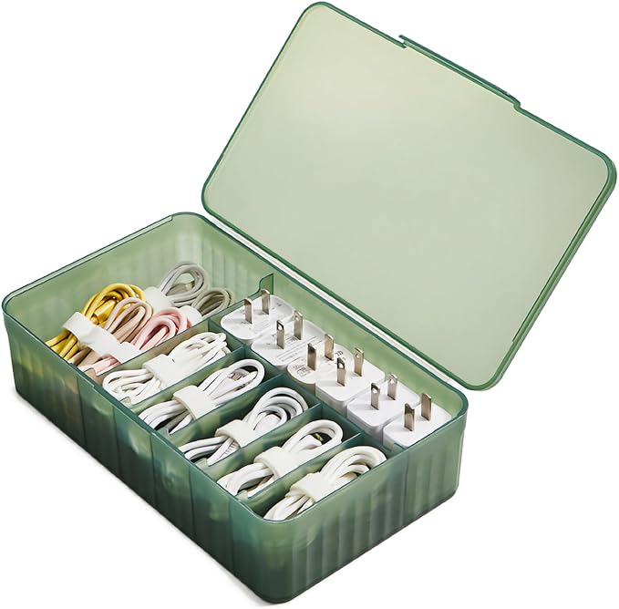 Cable Organizer Box Extra Wide, Travel Charger Cord Earphone Storage Case with Lid (Dark Green)