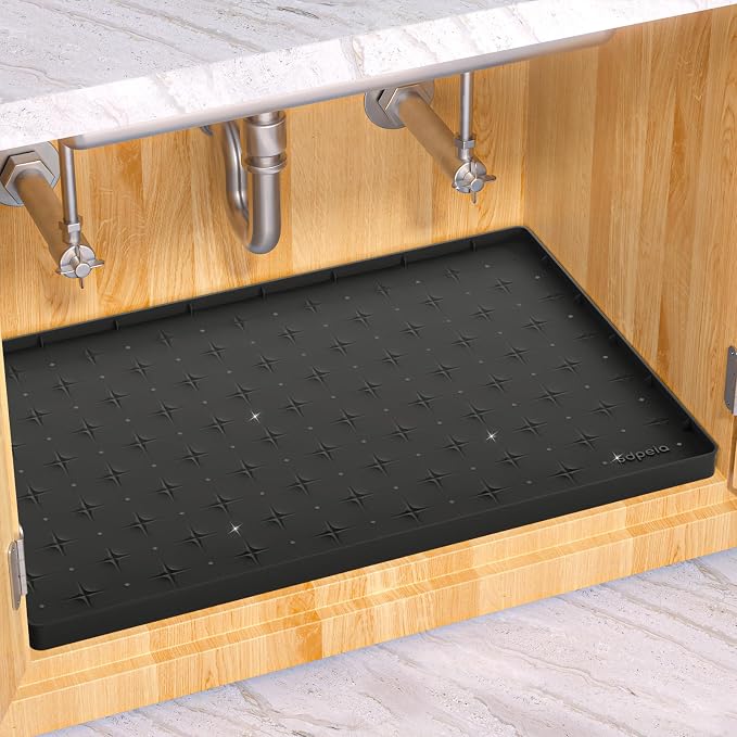 Sdpeia Under Sink Mat 22"×19" Waterproof Silicone Cabinet Liner & Sink Protector for Kitchen & Bathroom, Multi-Purpose Organizers Tray for Pets, Laundry, Cat Litter Mat, Black