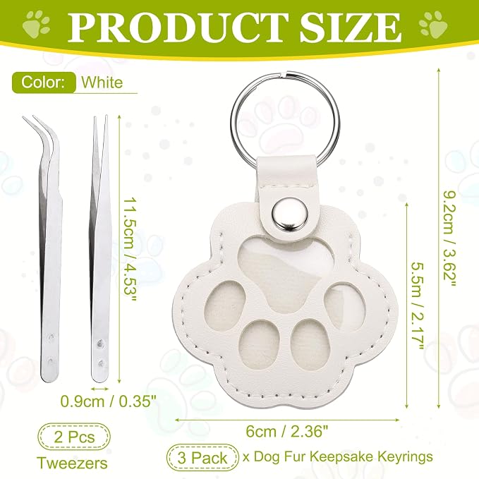 Dog Fur Storage Keychain, Pet Fur Keepsake Keyrings, Paw Shaped, Pet Hair Keepsake Keychains with Tweezers