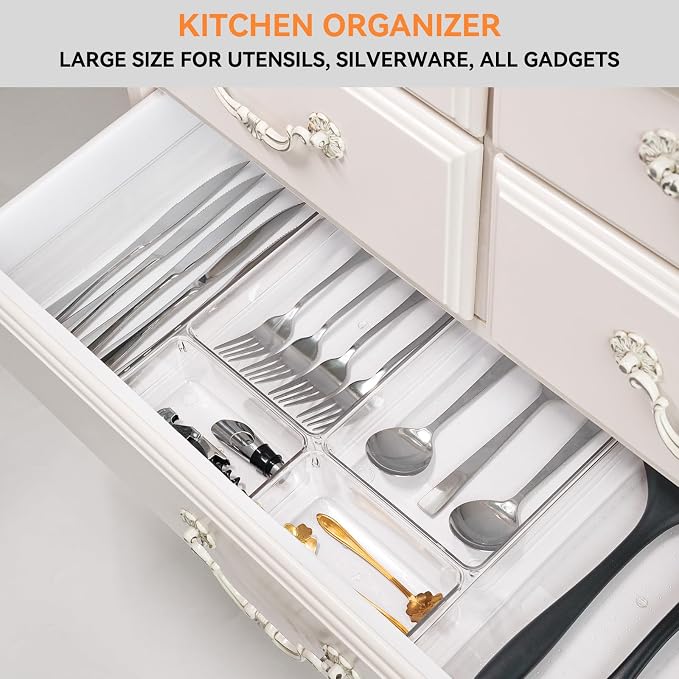 8 Pack Drawer Organizer for Kitchen Gadgets, Large Clear Plastic Drawer Divider for Kitchen Accessories, Bathroom Organizers and Storage, Home Essentials for Makeup and Vanity Accessories