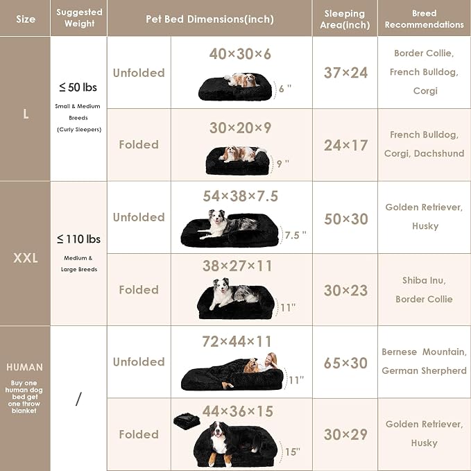 EHEYCIGA Orthopedic Foldable Human Dog Bed - 72x44x11, Black | Memory Foam Human Sized Dog Bed, Waterproof Pet Bed for People, Faux Fur Pet Couch for Adult with Non-Slip Bottom