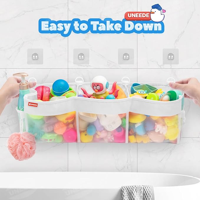 UNEEDE 4.95 Gallons 3 Compartment Horizontal Bath Toy Storage | Extra Large Capacity,Mesh Quick Dry Bathtub Storage and Organizer,Easy Access Baby Bath Toy Holder Shower Caddy