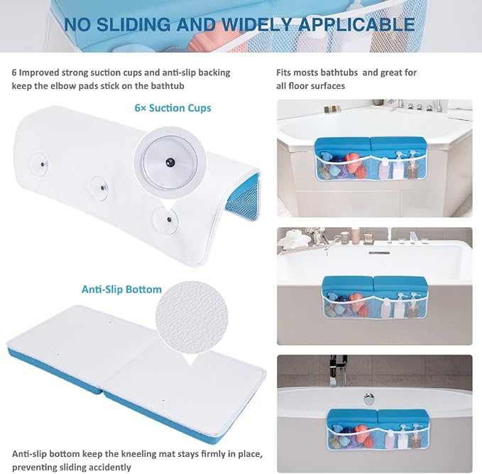 beiens Bath Kneeler and Elbow Rest Pad Set, 1.5'' Thick Quickly Dry Kneeling Pad and Elbow Support, Support Large Baby Bathtub Bath Mat Kneeling Pad with Toy Organizer for Baby Bathing Time (Blue) | Quick-dry Non-slip Bathtub Kneeling Pad with 6 Suctio...