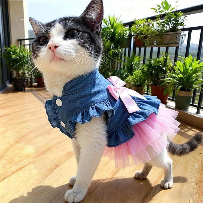 Dog Cat Denim Tutu Dress, Princess Puppy Kitten Outfit with Pearl Bow & Stand-Up Collar, Sleeveless Pet Clothes for Wedding Birthday Party, Easy Front Snap Closure for Chihuahua (Pink-Denim, Small)
