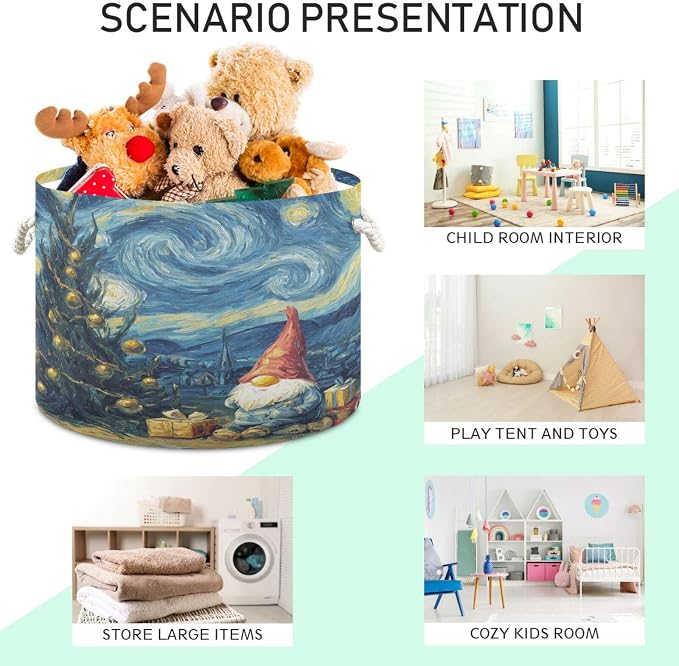 DOMIKING Large Storage Basket for Toys Gnomes Christmas Starry Blue Print Storage Bin Box Organizer Basket for Nursery Laundry Hamper Books Home Decor