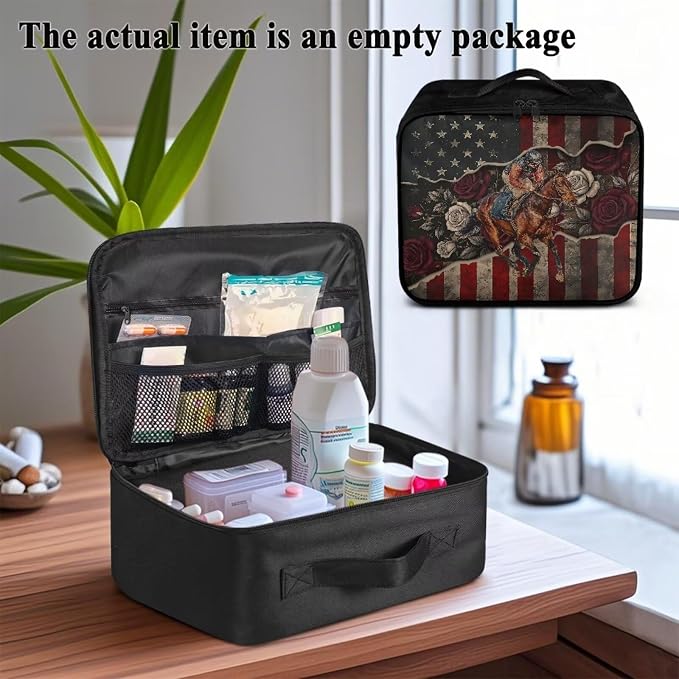 Rnyleeg Retro American Flag Horse First Aid Kit for Home Run for The Roses First Aid Bags Empty Medical Supply Bag for Office Car Camping Hiking