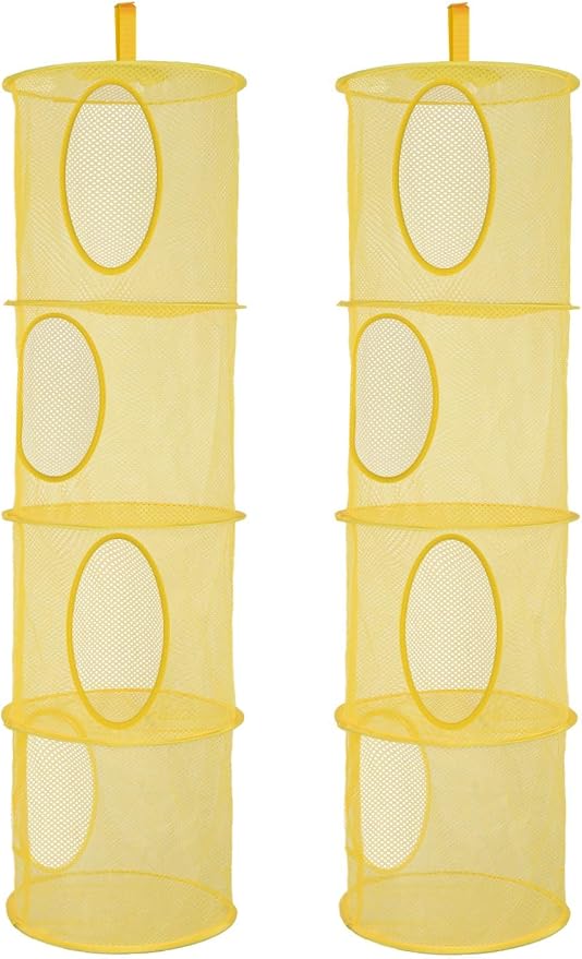 2Pcs Hanging Stuffed Animal Storage Hammock 4 Tiers, Yellow | Hanging Mesh Storage Organizer for Kids Room, Holds Plushies, Gloves, Hats, Socks, Foldable Space-saving Design
