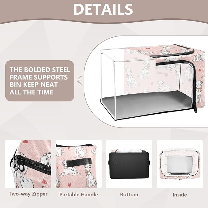 Cute Pets Dogs Pink print Under Bed Storage Containers with Double Zipper Openings, Foldable Clothes Storage Bins with Clear Window and Handles for Comforters Blankets Bedding