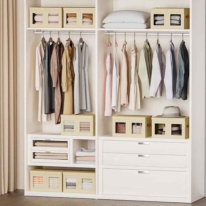 Homsorout Large Closet Storage Bins - Collapsible Divided Clothes Organizer with Lids & Dual Window, Fabric Organizing Bins for Clothes, Sweater, Bedroom, Office (Beige, 2 Pack)