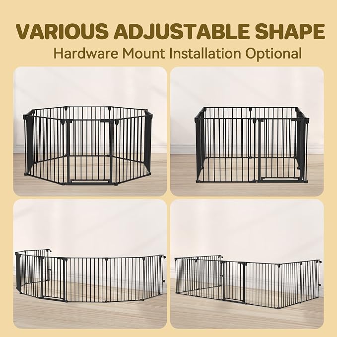 Kfvigoho Dog Gate 27.5"-199" Extra-Wide Playpen, Freestanding Pet Gate | Puppy Fence with Auto-Close Door, Double Locking System for Fireplace, Foldable (Black, 8 Panels)