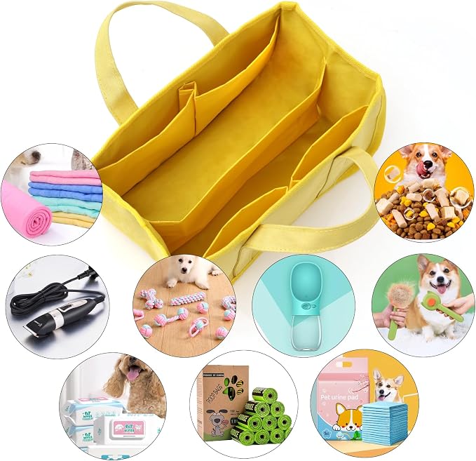 GUANJUNX Pet Tote Bag For Dog Supplies Organizer With 6 Large Pockets For Tools And Dog Foods, Travel Outdoor Bag (Yellow)
