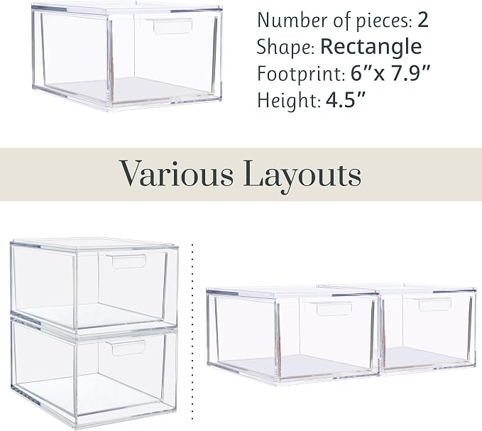 STORi Audrey Stackable Clear Bin Plastic Organizer Drawers | 2 Piece Set | Organize Cosmetics and Beauty Supplies on a Vanity | Made in USA (Pack of 3)