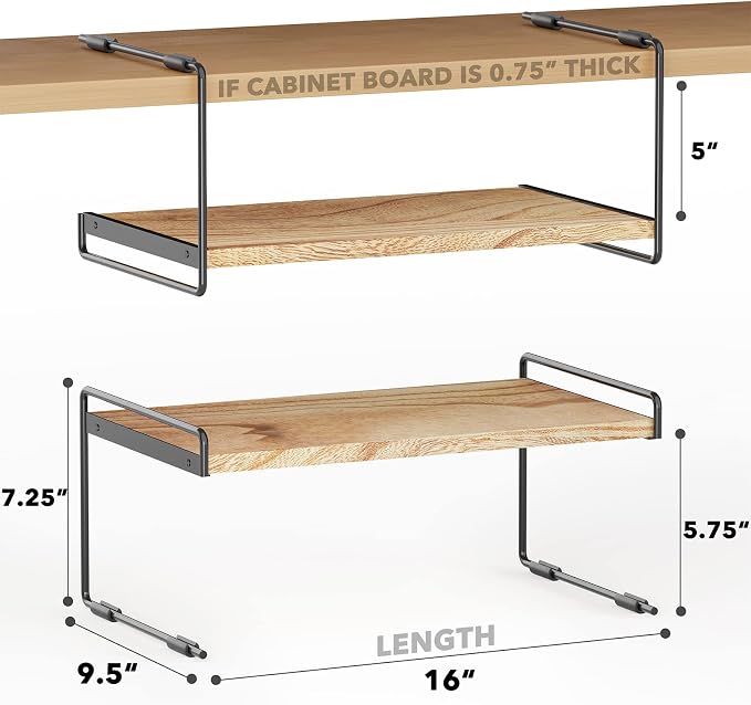 SpaceAid Cabinet Shelf Organizers 2 Pack, Kitchen Counter Organizer Rack Under Shelves Riser, Pantry Cupboard Storage Organization, Metal and Wood, Black and Natural, 16" Wide