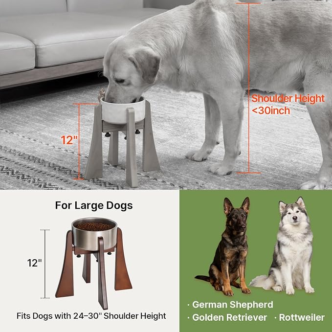 Solid Wood Elevated Dog Bowl Stand Set with Stainless Steel Bowl, 12-Inch | Raised Feeder with Adjustable Width Fits 6.3-7.8 Inch Dog Food Water Bowls, Non-Slip Base for Medium and Senior Dogs
