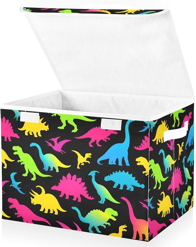 Storage Bins with Lid Colorful Dinosaurs Foldable Storage Boxes 40L Baskets | Decorative Storage Boxes, 300D Oxford Cloth, Hollow Board Frame, Flip Top Velcro Lid, 16.5x12.6x11.8 inch, Collapsible Design