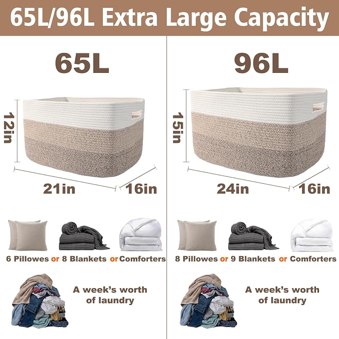 JMvicyroam 65L Large Woven Cotton Rope Blanket Basket, White&Brown | Blanket storage for living room or bedroom use, Freestanding with reinforced handles, Entire basket is machine washable