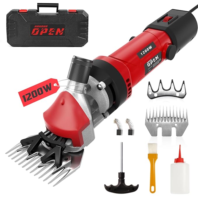 1200W Sheep Shears Clippers, 3200RPM 6-Speed Adjustable Heavy Duty Electric Sheep Shears for Dogs and Farm Livestock Grooming, 13T Blades, Professional Thick Coat Dog Clippers for Alpacas, Goats (RED)