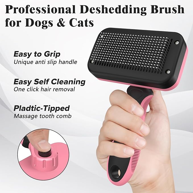 2PCS Self Cleaning Slicker Brush & Dog Comb - Skin Friendly Deshedding Grooming Tool for Dogs, Cats and Small Animals, Professional Deshedding Dematting Tool for Long and Short Haired Pets (Pink)