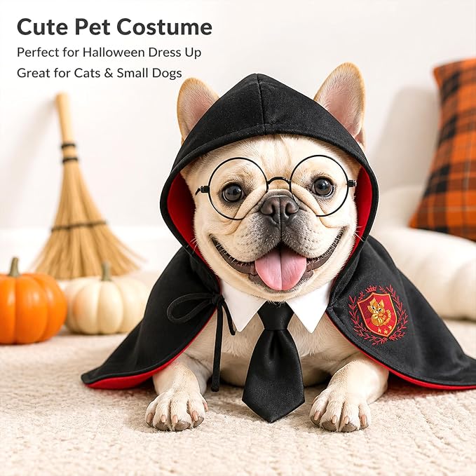 Dog Cat Halloween Costumes,3PCS Pet Dog Wizard Cape,Glasses & Necktie | Halloween Puppy Outfit for Small Medium Dogs Cats Set,Pet Academy Magician Cosplay Costume