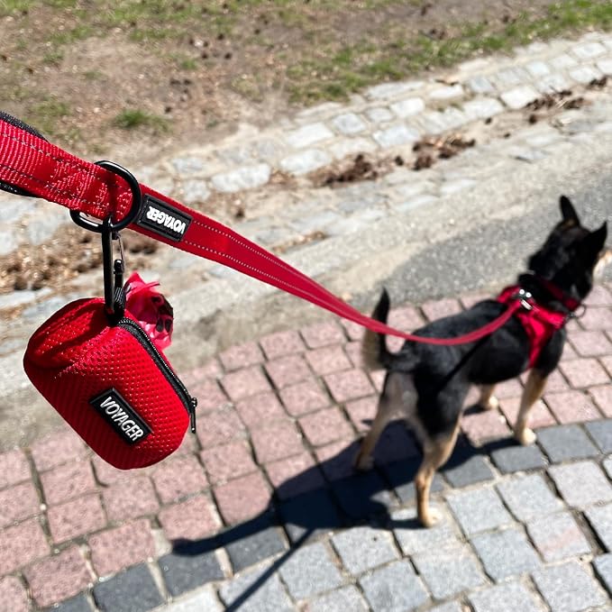 Best Pet Supplies Dog Poop Bag Holder Leash Attachment with Reusable Dispenser for Travel, Walking, Park, and Outdoor Use, Durable with Clip-On - Red, Mesh Dispenser w/15 Bags