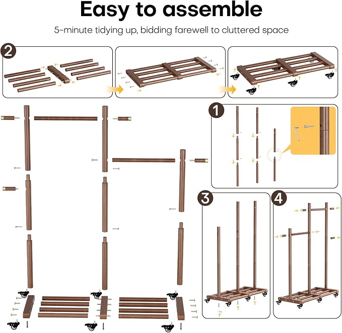Wooden Clothing Rack, Double Pole Clothes Rack with 4 Hooks & 6 Wheels | Long and Short Clothing Section Design, Load Capacity 360Ib, Garment Rack for Hats, Scarves, Trench Coats, and Shoes