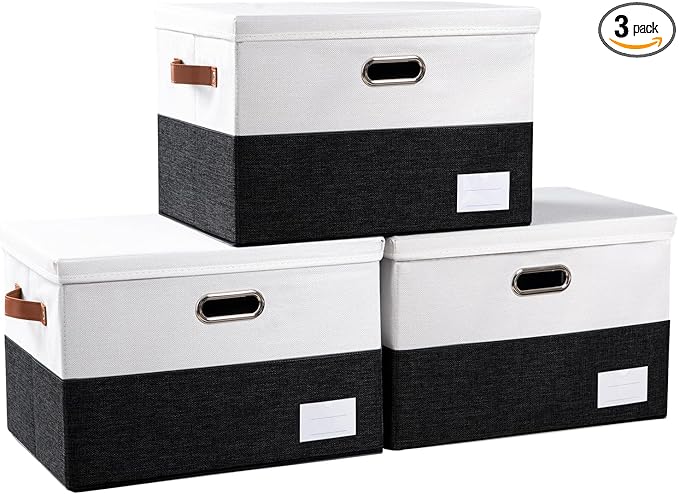 Foldable Storage Bins with Lids [3-Pack] Fabric Collapsible Storage Boxes Baskets Cubes Containers with Handles for Closet Living Room Bedroom (Black & White 17.7x11.8x11.8'')